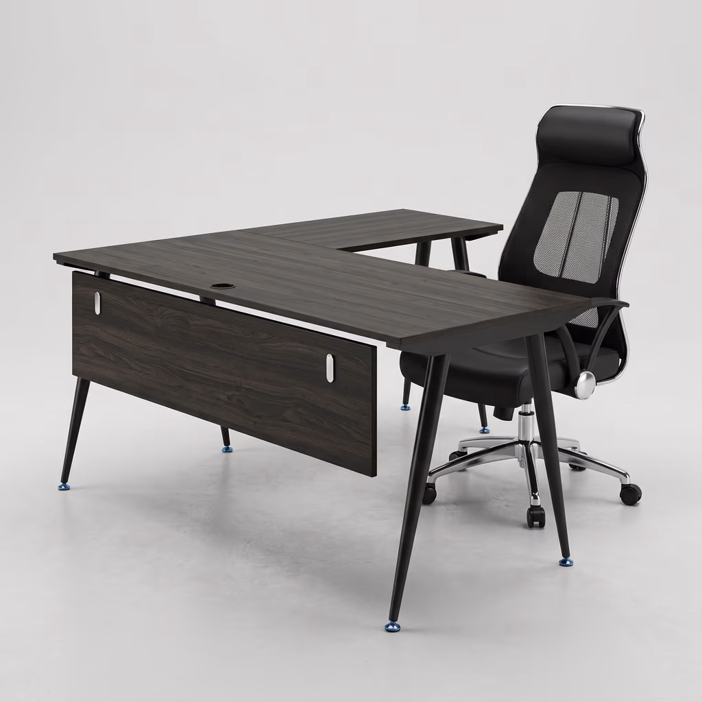 bàn làm việc chữ L chân sắt côn full đen - Xưởng Mộc HACHI