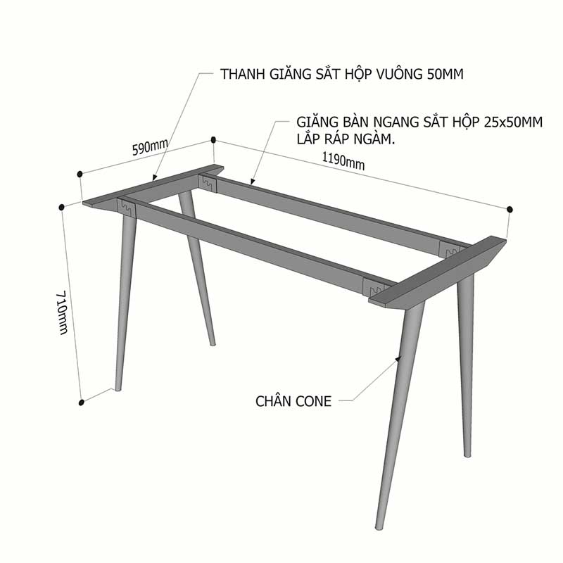 kích thước chân bàn sắt côn Hệ CONE - Xưởng Mộc HACHI