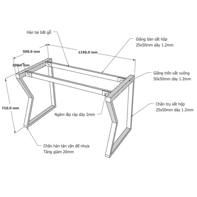 Kích thước chân bàn sắt hệ Mconcept cho bàn 120x60cm Xưởng Mộc HACHI