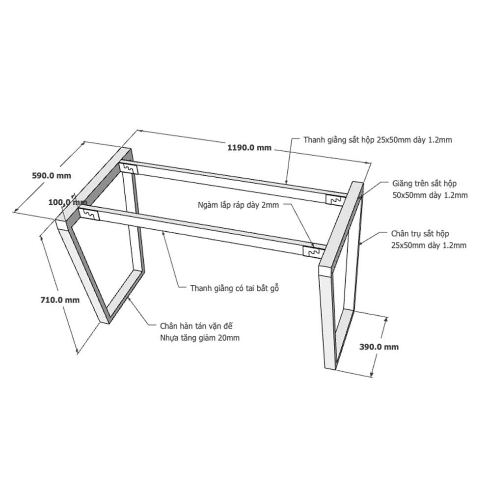 chi tiết kích thước chân bàn sắt hệ Trapeze Xưởng Mộc HACHI