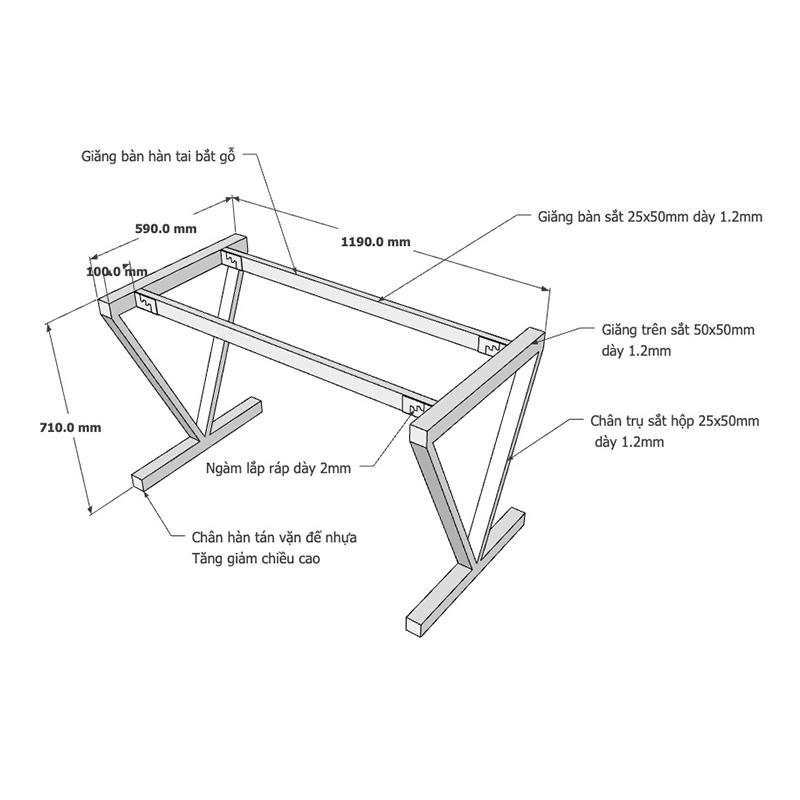 Chi tiết kích thước chân bàn sắt hệ Vconcept cho bàn 120x60cm