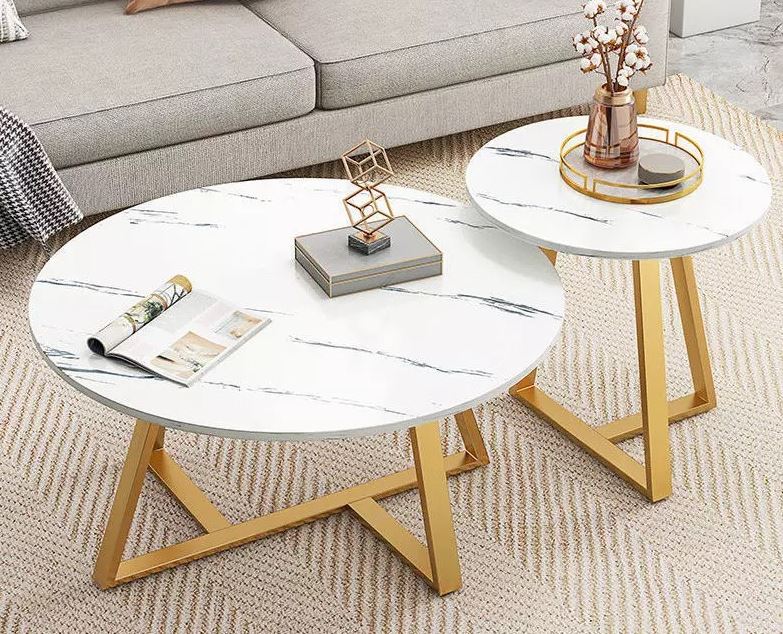 Bàn sofa khung sắt sơn vàng đồng mặt đá tròn