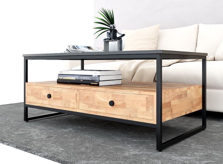 Bàn sofa gỗ cao su có hộc kéo chân sắt