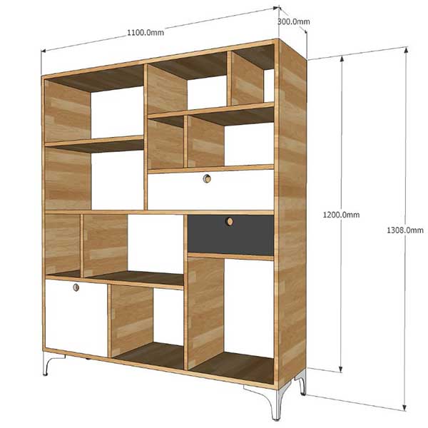 Cấu tạo kệ sách gỗ với các đợt kệ và khung gỗ cao su