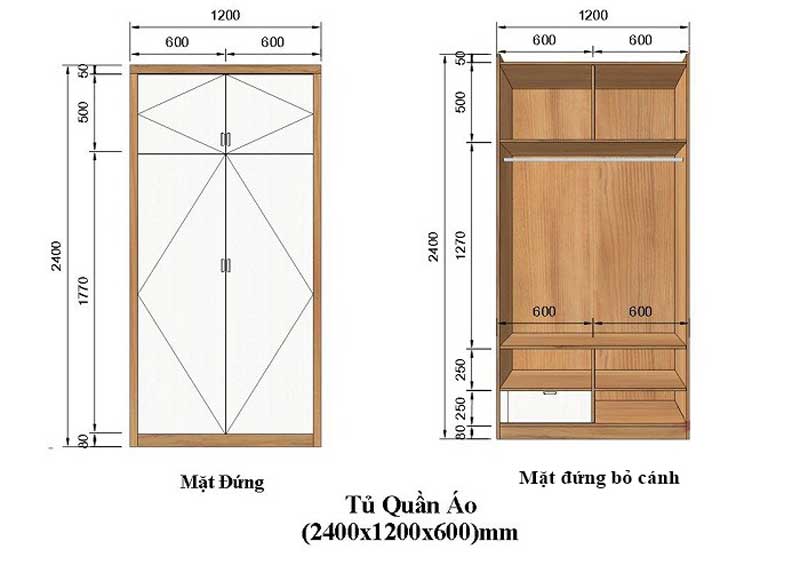 Kích thước tủ quần áo 2 cánh
