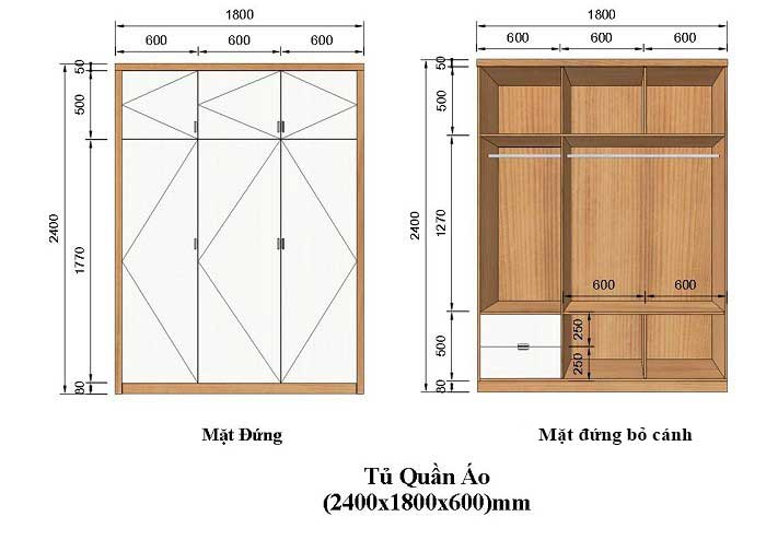 Kích thước tủ quầo áo 3 cánh