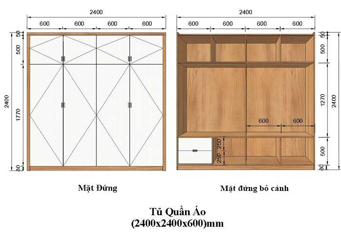 Kích thước tủ quần áo 4 cánh