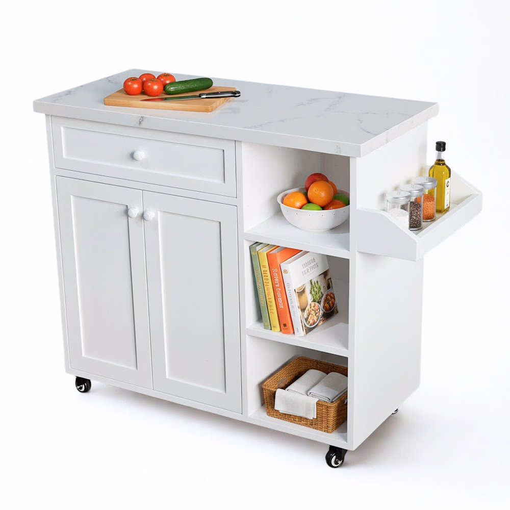 Bàn đảo bếp di động 106x40x85cm gỗ cao su mặt đá - HC-BDB-0002